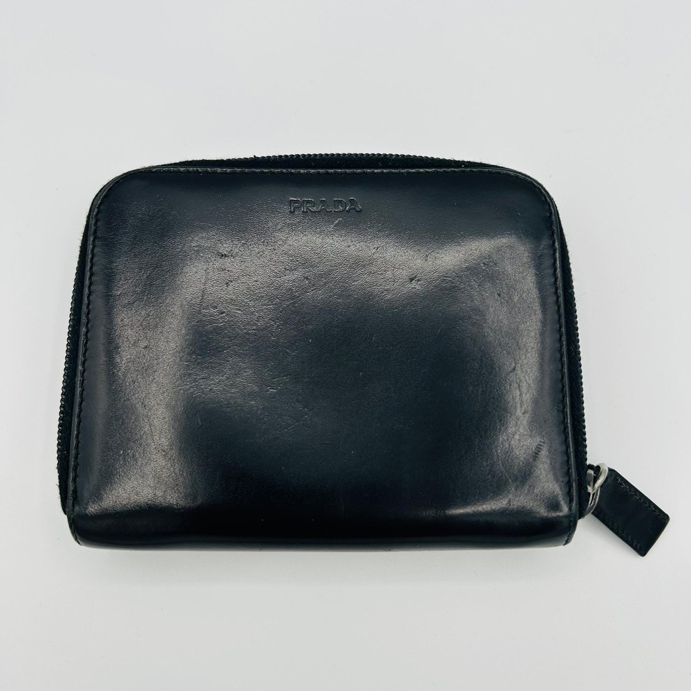 Prada Wallet Womens Black Leather Zip Around Bifold Card Holder Made In Italy